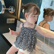 Childrens clothing 2022 new children Summer outside wearing harnesses baby foreign air broken flowers lace vest girl cute blouse