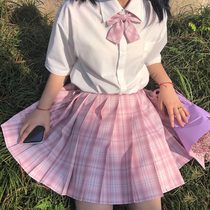 Genuine jk uniform skirt suit Pink grid skirt Summer girl student Japanese class dress full set of college style pleated skirt