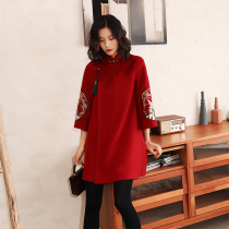 Burgundy modified cheongsam coat Chinese style Tang suit coat 2020 winter Chinese women vintage coat women