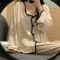 Good heart water ~ gentle color matching autumn and winter lapel double placket wave edge apricot long sleeve pants jacquard home clothing