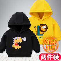 Boys hooded sweater plus velvet autumn and winter childrens winter new middle and small children thickened tops pure cotton baby Korean version of the tide