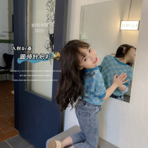 Girls thin section Round Neckline Jacquard 70% Knitted Hooded Sweatshirt 2021 Autumn Han Edition Childrens Bottom T-shirt Hitch