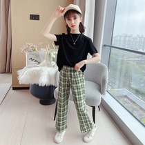 Korean girl set 2021 summer new plaid striped casual wide-leg pants T-shirt big boy two-piece set trend