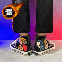 Winter cotton shoes plus suede thickened High Help Sail Cloth Shoes Man Cat and Mouse Han Edition Student Lovers Board Shoes Graffiti Tide Shoes
