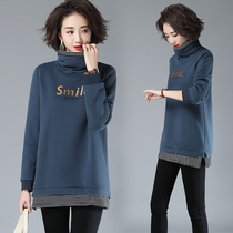 Womens sweater velvet thickened 2021 spring new loose medium-length top foreign age reduction autumn and winter turtleneck base shirt