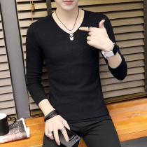 Spring new V-neck sweater mens thin knitted base shirt Korean slim pure black youth personality autumn outfit