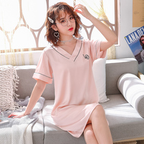 Sleepwear Woman Summer Short Sleeve Sexy Ice Silk Sleeping Dress Silk Mid-Length V Collar Thin sleeping skirt Home Residence Summer Brief