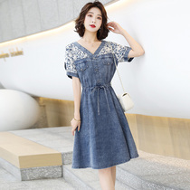 Denim Dress Dress Woman Summer Thin 2021 New small collection waist display slim temperament V collar Crushed Flowers Skirt