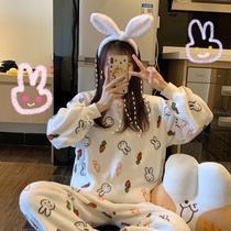 Japan soft honey autumn and winter cute age-reducing pajamas female cartoon rabbit warm long-sleeved home clothes