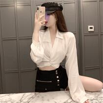 Autumn 2020 Korean version of design sense niche V collar temperament short strap Joker long sleeve sunscreen white shirt Women