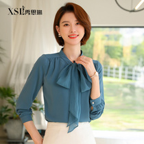 Ribbon shirt womens spring and summer new long sleeve fashion design sense niche chic lace chiffon professional top base