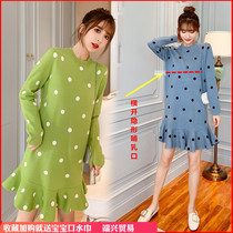 Avocado green lactation knitted dress autumn and winter small pregnant woman polo sweater skirt out to feed milk clothes tide mother