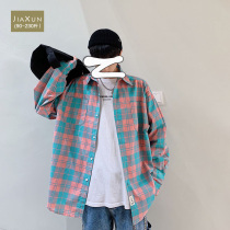 Hong Kong wind autumn and winter ce Plaid long sleeve shirt male handsome fat coat Tide brand casual shirt loose and fat