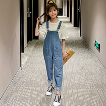 Korean girl salt tie bib pants 2021 new summer big kids Korean loose fashion blue jeans trend