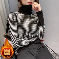 Europe station 2020 new autumn and winter velvet thickened striped base shirt womens high-neck long-sleeved t-shirt womens small shirt tide
