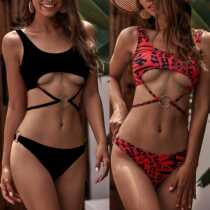 European and American womens swimsuit BAO WEN sexy metal buckle strap bikini bikini bikini hollow lace split swimsuit hot spring