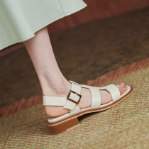 Flat bottom Roman sandals women 2022 New summer heel coarse heel genuine leather fairy retro fish mouth soft leather I