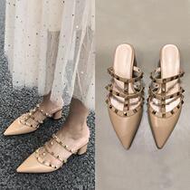 2019 pointed rivet half slippers leather outer wear slippers female Baotou sandals and slippers thick heel summer 42 Europe and the United States 41 lazy people