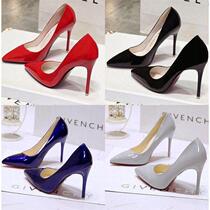 Shoes female students Korean version high heels womens stiletto pointed toe all-match black patent leather blue large size single shoes women