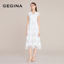 GEGINA Gigina Womens annual new waist thin water soluble lace hollow out dress Medium-length dress