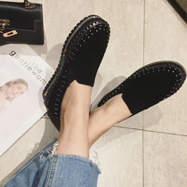 Hong Kong Tide brand autumn thick-soled lofford shoes womens shoes new leather rhinestone flat heel single shoes round head British casual shoes