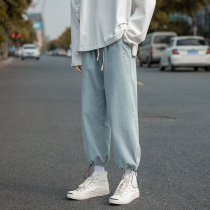 Tide brand ins pants men's trend autumn jeans students straight loose pull rope toe handsome Korean version of 9 pants