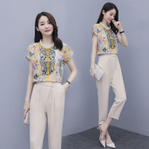 Color Feiyue temperament thin two-piece summer dress round neck color casual fashion temperament wooden ear young suit pants