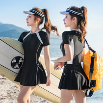 2022 New One-piece Dress Swimsuit Woman Short Sleeve Conservative Minima Fashion Sports Casual Big Code Student Swimsuit