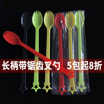 Thickened long handle plastic fork spoon disposable extended Fruit Tea fork independent packaging sand ice spoon with jagged 21cm