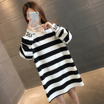 Early autumn long sweater womens clothing 2021 New European Korean version loose spring and autumn thin striped coat top