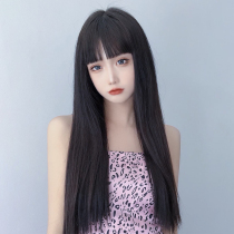 Wig female summer long hair simulation hair full headgear net red round face comic qi bangs natural black long straight hair