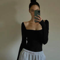 H home Europe and America autumn solid color basic base shirt jumpsuit women temperament sexy low collar supraclavicular cotton T-shirt top