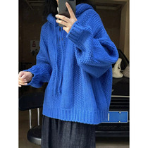 Honey color Xuan Klein blue hooded pullover sweater womens 2022 autumn and winter new Korean version loose knitted top