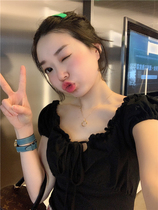 BORAKOO Korea Dongdaemun Shara~self-retention~Black fungus bud bubble sleeve small sexy T-shirt