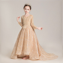 Childrens foreign-like princess skirt model catwalk high-end tailed skirt evening dress girl host performance clothing long sleeve winter