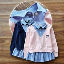 Girls  autumn new Western style sweater pure cotton childrens spring and autumn pullover baby fake two-piece top 2021 childrens clothing