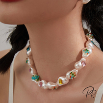 PP Ornament Child Anecdox Handmade Colorful Jewel Pearl Necklace Woman Summer Niche Design Sensation Retro Baroque Lock Bone Chain