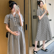 Pregnancy Woman Dress Summer Clothing Fashion Flipped short sleeves Plaid dress Dress Loose Big Code Dresses Summer Korean version Pregnant Woman Nepotism