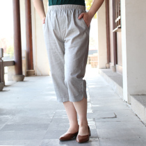 Summer new linen plus fat size mother pants casual high waist elderly grandmother cotton linen Capri pants thin