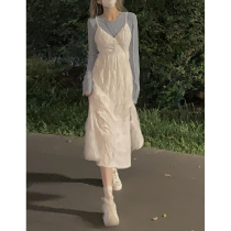 DREAM SEVEN77 white harness dress with dress woman 2022 Early spring new V-collar method Folds Fairy long dress