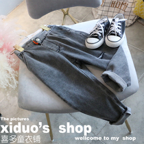 Brand childrens clothing 2019 new girl giant soft elastic sand wash carbon black cut design straight jeans