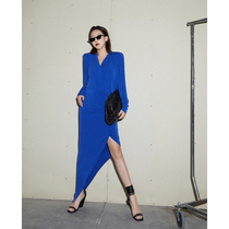 Z boss modern flat shoulder lamb leg sleeve dress wrap V collar wrinkle long asymmetric evening dress women