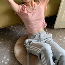  Summer 2020 new Korean version of the net red open waist strap drawstring sweater womens thin outer slim short-sleeved top