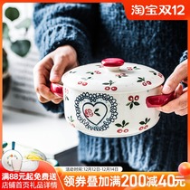 Instant noodle bowl with lid double ear large Japanese lunch soup rice bowl microwave oven student dormitory ceramic household noodle bowl