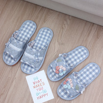 Fresh plaid cotton cloth spring and summer indoor couples home soft bottom fabric slippers men and women floor non-slip Four Seasons home