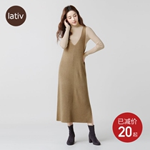 lativ womens V-neck vest knitted sweater dress OL waistless sleeveless one dress autumn and winter womens