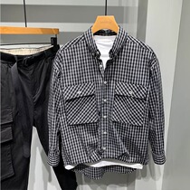 Black and white small plaid long sleeve shirt men's spring tide brand coat Korean slim trend handsome casual tooling shirt