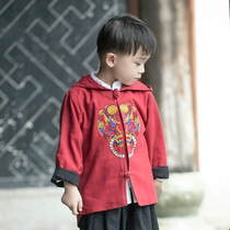 Embroidered Hanfu Boys Chinese style cotton linen autumn childrens hooded thin baby ethnic style Tang costume spring and autumn childrens clothing