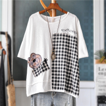 Literary loose size bear letter embroidery cotton short sleeve t-shirt womens summer dress round neck Plaid stitching top thin