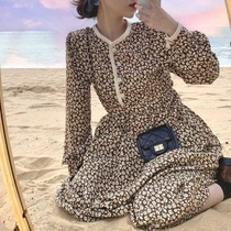 Hanfeng ins temperament simple waist design sense small Hepburn sweet floral retro gentle long dress dress women